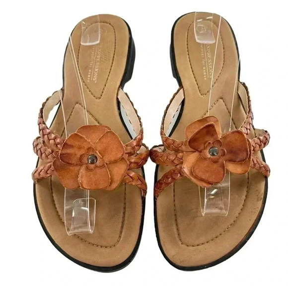 Expressions sandals size 8 tan leather floral braided 80s 90s slip on slides - Picture 1 of 12